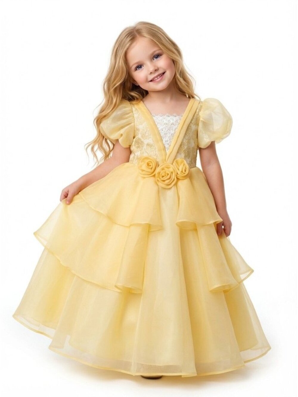 Girls Belle Princess Party Dress Yellow Tiered Ball Gown Birthday Outfit (Size 6